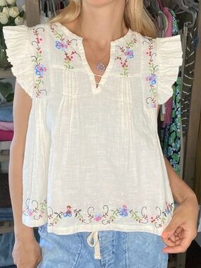 Jennifer Grace Y2K Embroidered ruffle Sleeve Top size Xl boho floral cottagecore
